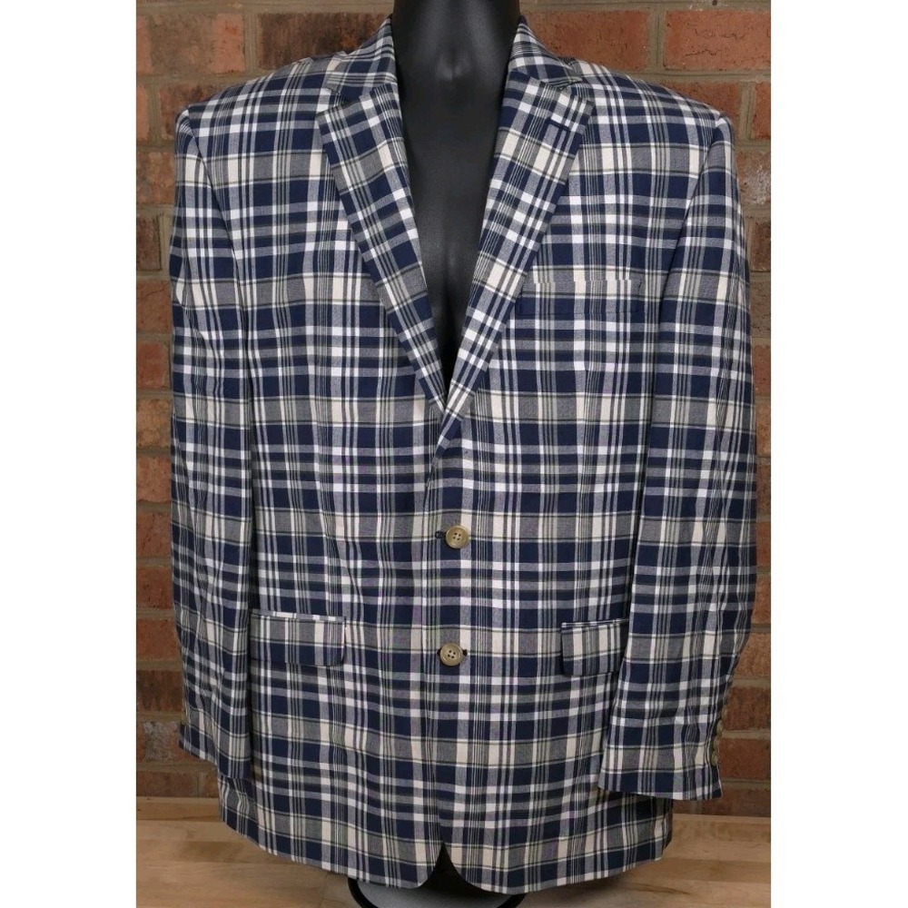 Chaps Mens Blue White Plaid Sport Coat Jacket 100% Cotton Blazer Size 40R